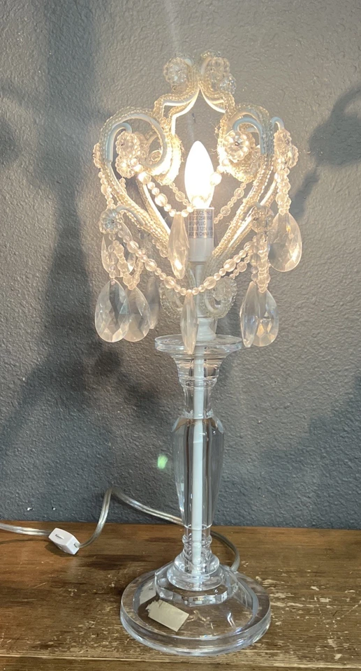 Tadpoles Vintage Style Chandelier Table Lamp Beaded Faux Crystals Clear Lucite - Image 3 of 4