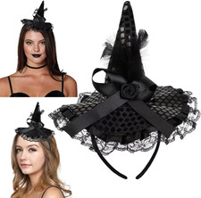 Halloween Witch Hat Headband Feather Witch Costume Hat for Women Halloween Dr...
