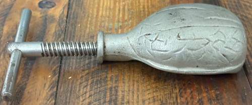 Vintage Hand Held Nut Cracker Screw Type T Handle Walnut Silver Colored Metal - Picture 14 of 16