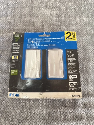 NEW Eaton DUL06P-W-2KB-WL Light Switch Dimmer 2 Pack , Single Pole And 3 Way.