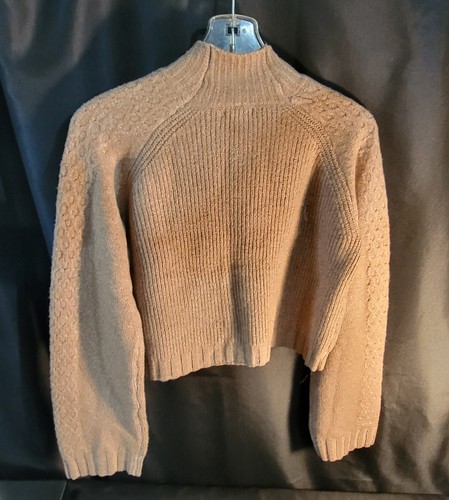 Neu ohne Etikett Wild Fable angedeuteter Rollkragenpullover hellbraun Langarm Zopfmuster Crop L - Bild 2 von 8