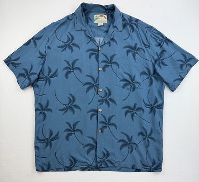Paradise Found Men s L Shirt Floral Palms Blue Hawaiian Button Up Rayon Vacation