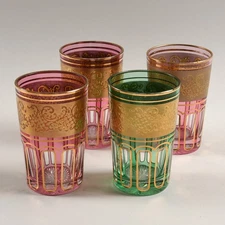 Set of Four (4) Moroccan Tea Glasses Red/Green/Gold 6-ounce