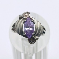 Sterling Silver Amethyst Color Floral Ring Solitaire Marquise Purple Stone