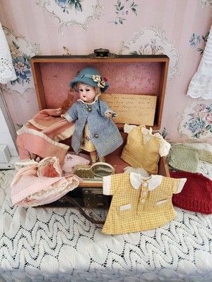 Antique German 7.5'' Simon Halbig Bisque & Composition Flapper Doll + Wardrobe