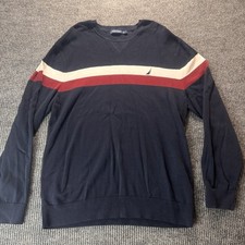 Vintage Nautica Sweater Mens XL Maroon White Blue Striped Jumper