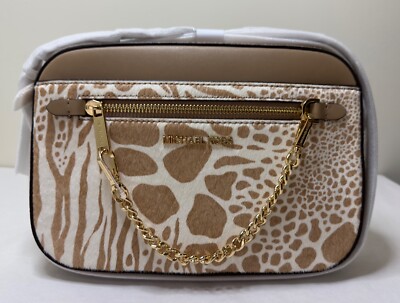 MICHAEL KORS JET SET ZEBRA CAMEL LEATHER HAIRCAFL ZIP CHAIN