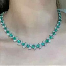 24Ct Lab Created Green Emerald Diamond Tennis Necklace 14k White Gold Plated 18"