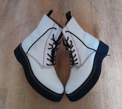 Zara White Leather Military Style Black Track Sole/Laces Ankle Boots EU  40/7 UK