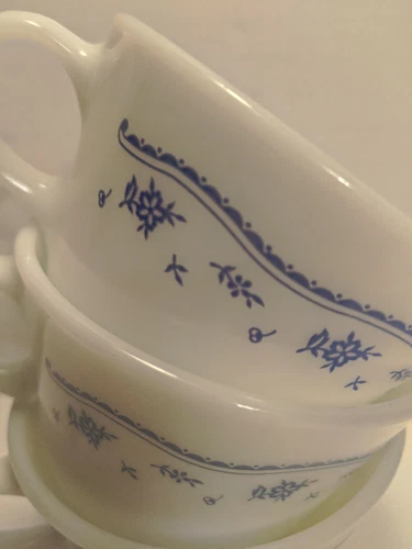 Pyrex MORNING BLUE Milk Glass Flower Coffee Tea Cup Corning Lot 3 Cups