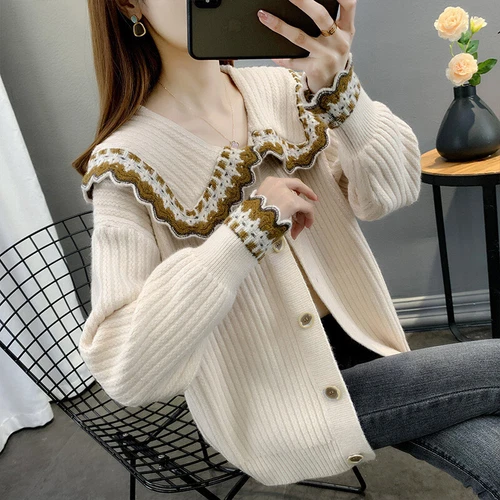 Long Sleeve Lapel Neck Collar Sweater Women Short Jacket Short Knitwear - Bild 15 von 24