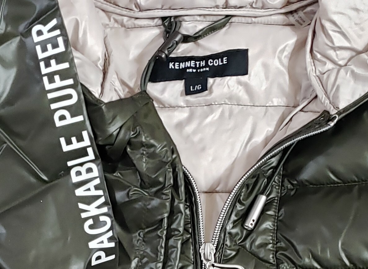 KENNETH COLE NEW YORK Hooded Packable Puffer Coat w/ Bag, Olive, L