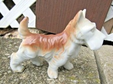 Vintage Japan Scottie Dog Figurine Hand Painted Tan White Porcelain 3"