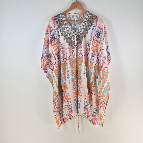 Spicy sugar dress womens 12 kaftan short white geometric 3/4 sleeve 124969