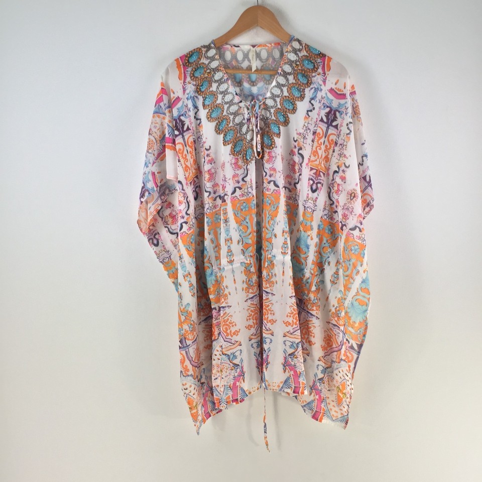 Spicy sugar dress womens 12 kaftan short white geometric 3/4 sleeve 124969
