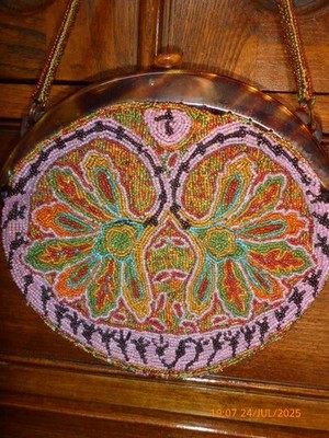 Original französische antike Abendtasche 20er Jahre Vintage Perlen bunt Blumen
