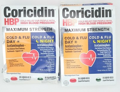 2Pk Coricidin Hbp Maximum Strength Cold & Flu Day/Night 24 Gels Ea EXP 3/26