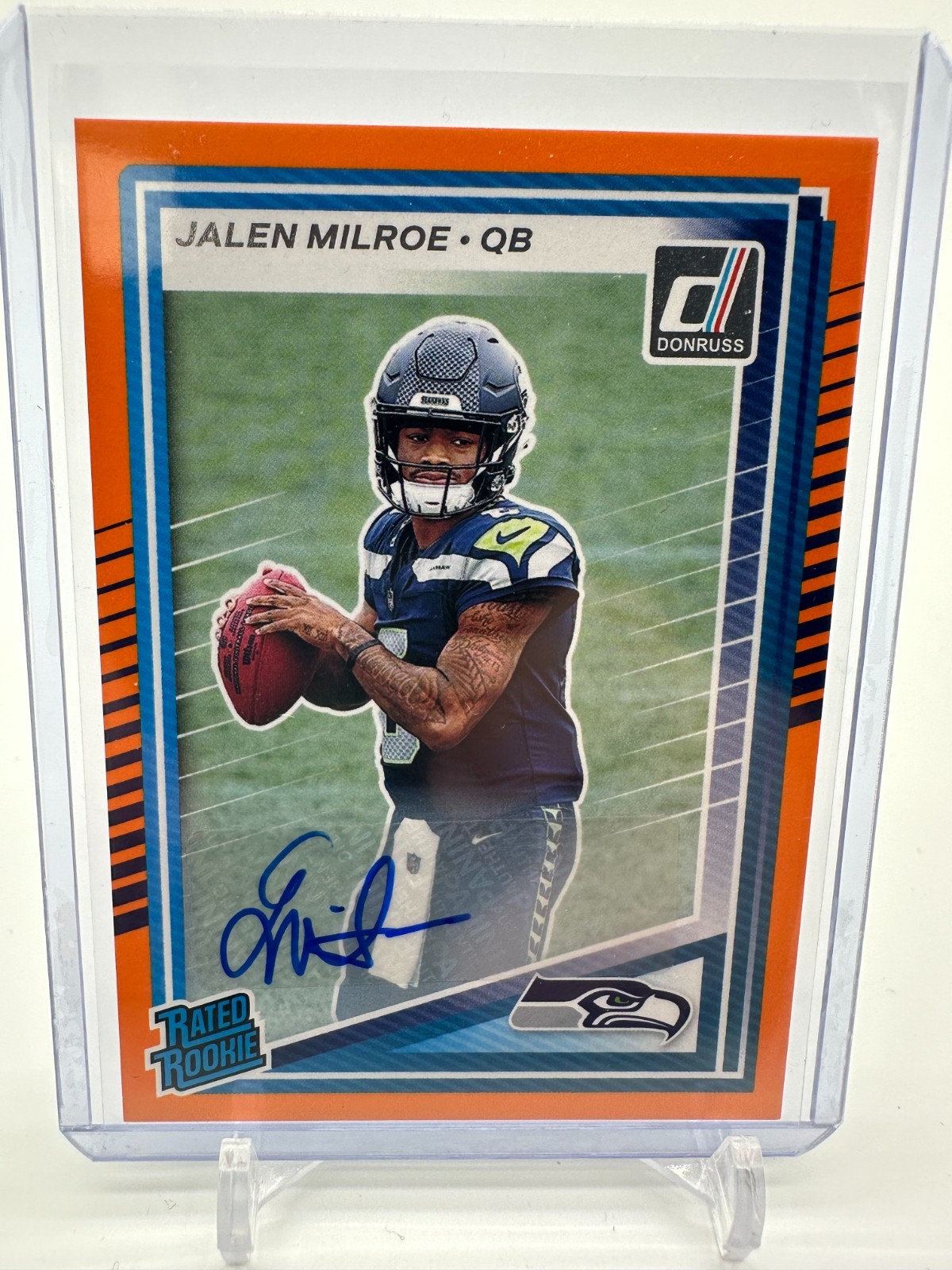 Jalen Milroe 2025 Panini Donruss Orange Rated Rookie Autograph #307 Seattle (RC)