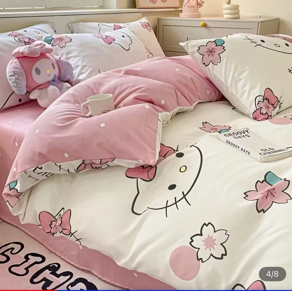 Juego de cama Hello Kitty Sanrio Kawaii nuevo funda nórdica doble fundas de almohada Foto 4 de 4