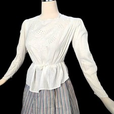 Antique Edwardian White Cotton Blouse Floral Embroidered 1900s Shirt Victorian