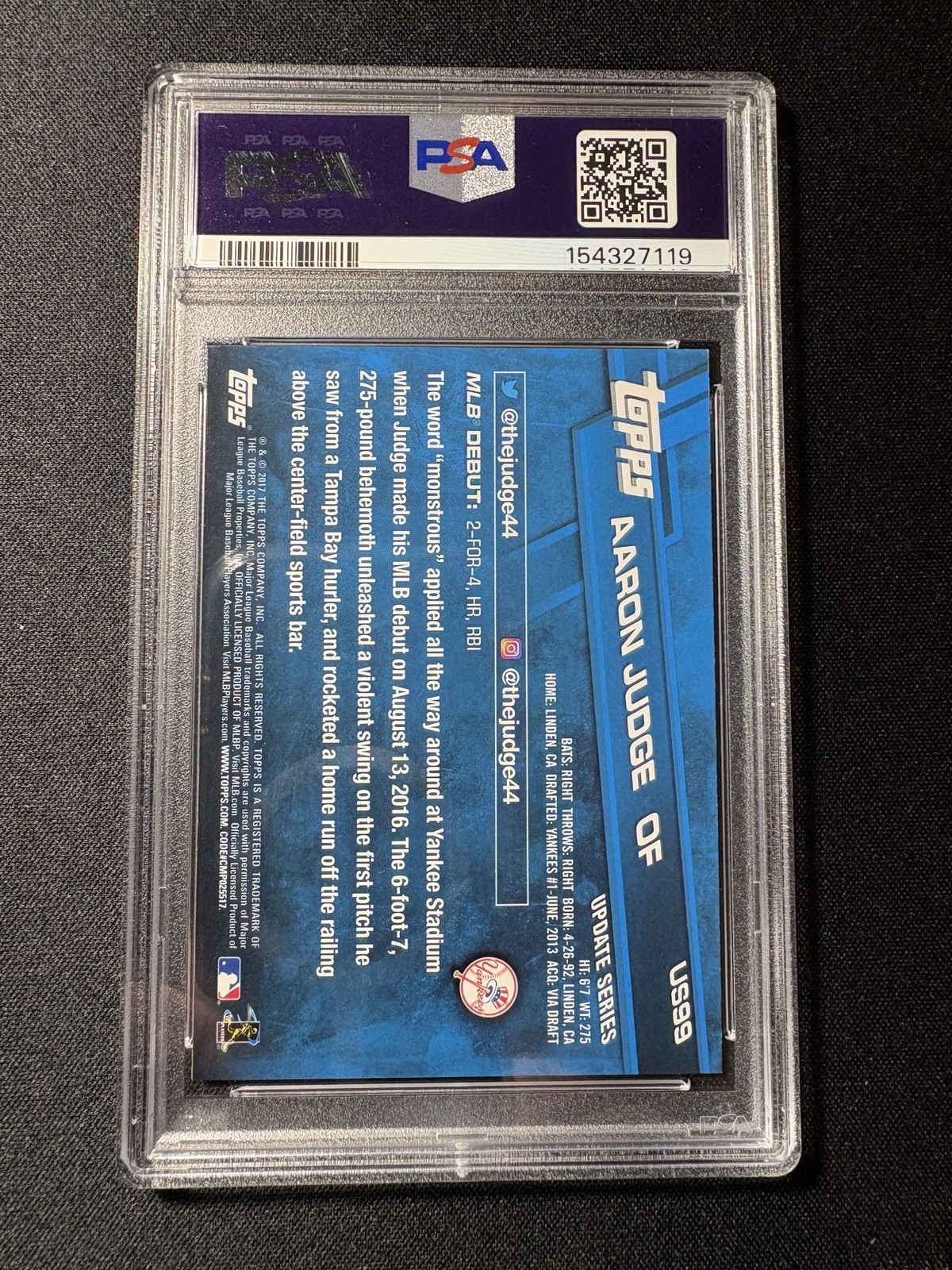 2017 TOPPS UPDATE US99 AARON JUDGE RC PSA 9 NEW YORK YANKEES view 2