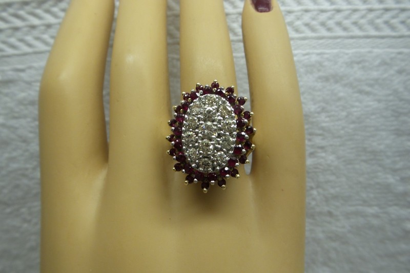 Fine Estate Solid 14kt 1970's Cocktail Ring, Fine Natural Diamonds and Rubies