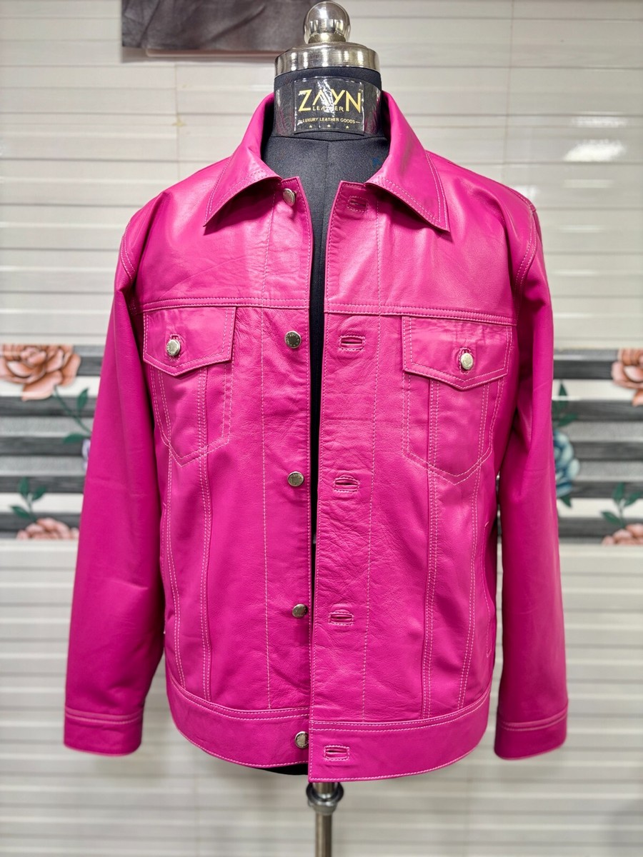 ジャケット・アウター denim jacket type leather jacket Men's 100% Genuine Leather Pink Trucker Jacket Denim Style
