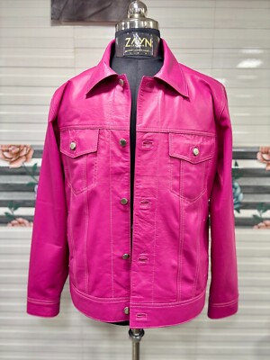 Men's 100% Genuine Leather Pink Trucker Jacket Denim Style Jean