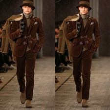 Brown Mens Smoking Jacket Suits Dinner Party Vinatge Velvet Robe Evening Blazer