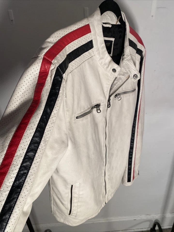 Chaqueta de moto de cuero Wilson de colección blanca negra roja mediana moto para hombre pequeña Foto 3 de 4
