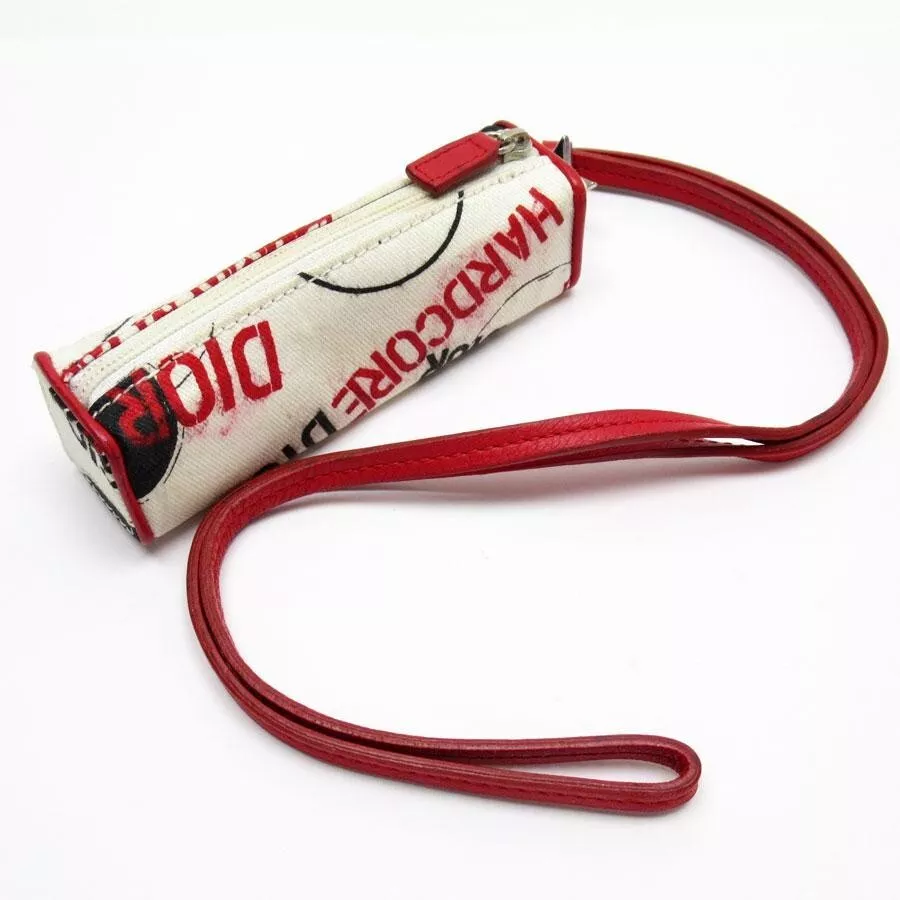 Christian Dior Authentique Mini Pochette Bracelet Cou Toile Cuir Rouge Blanc VN02