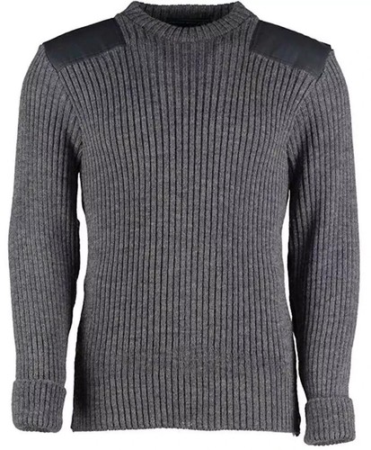 The Woolly Pully Crew Neck Grey Ribbed Knit Pullover Sweater with Epaulets