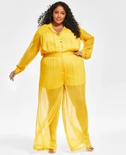 Nina Parker Trendy Plus Size Button-Front Jumpsuit, Sunrise Yellow, SZ. 16W