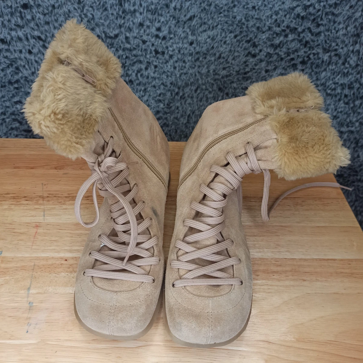 Nine West Boots Women 8 Beige Leather Suede Faux Fur Side Zip Lace Winter Shoes