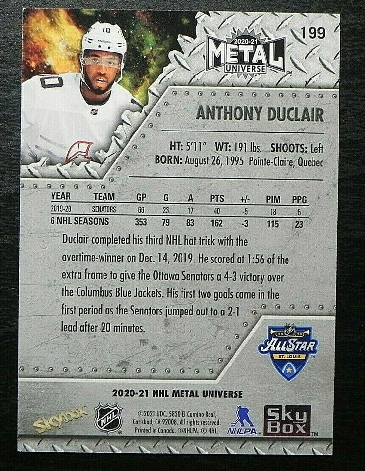 2020-21 20/21 Skybox Metal Universe SP ALL STAR #199 Anthony Duclair Senators - Image 2 of 2