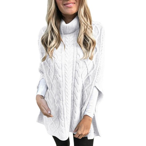 Damen Herbst Winter Rollkragen Poncho Pullover Grobstrick Cape Wickelpullover Oberteil - Bild 68 von 72