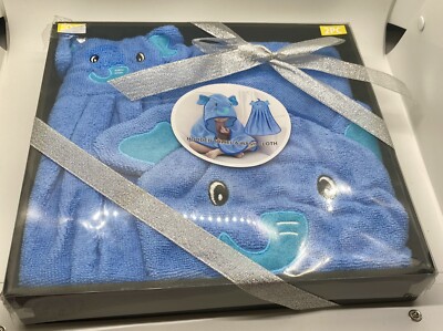 Hooded Towel Infant Washcloth Baby Toddler Blue Elephant Set