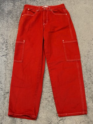 Pull And Bear Cargo Jeans Sz 38 EU (28x26) Red Denim Side Pocket Contrast Stitch
