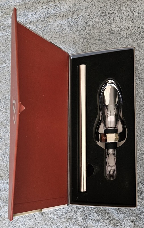Brilliant Chill N Pour Wine Pourer With Chill Rod in Wood Box EXC Cond Fast Ship