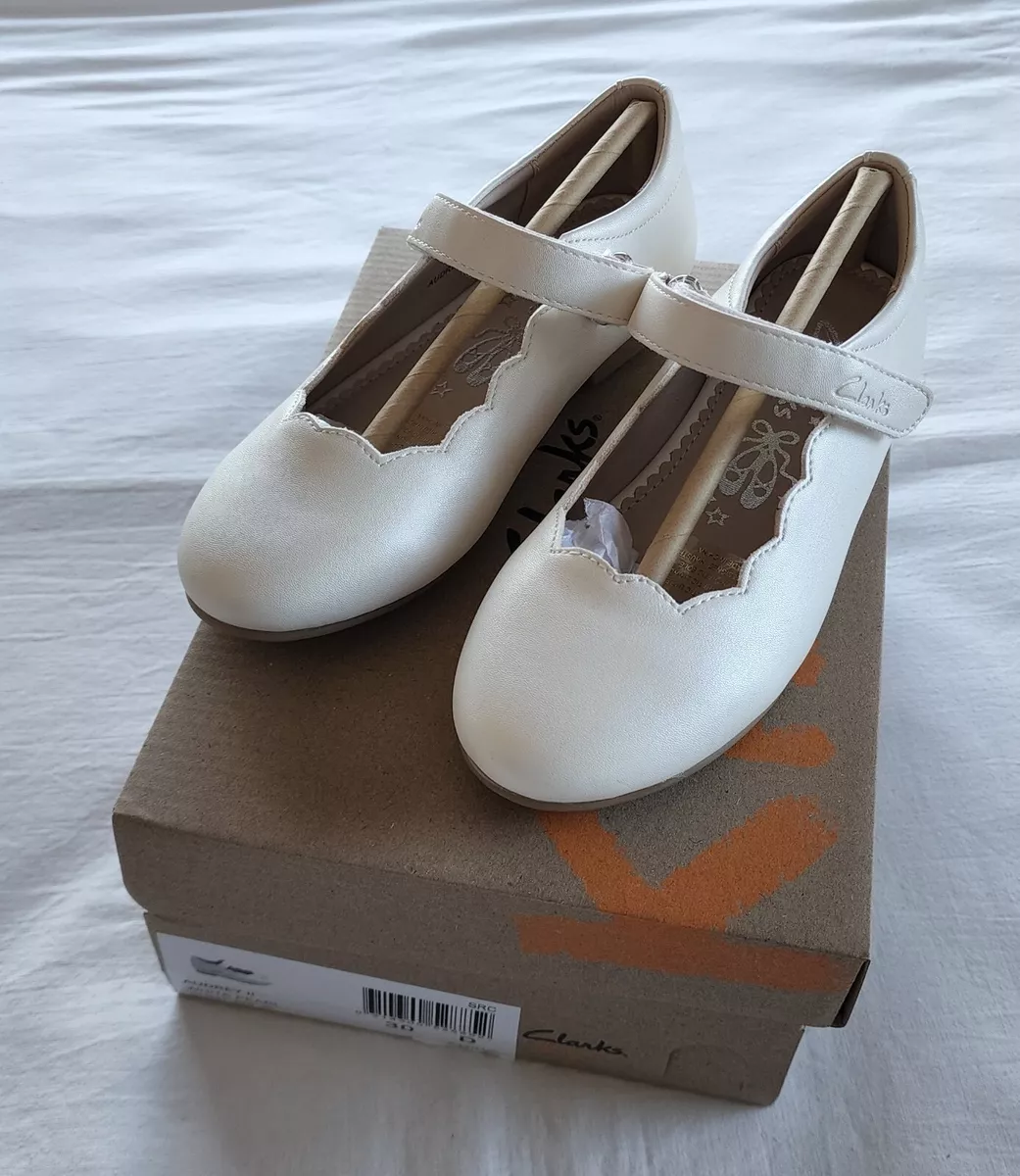 Clarks Kids Girls Audrey II White Pearl Mary Jane Shoes Size EU 30