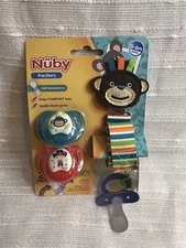 Nuby 2 Piece Ortho Pacifier 0-6 Month With Monkey Clip Unisex Binky Soother NEW