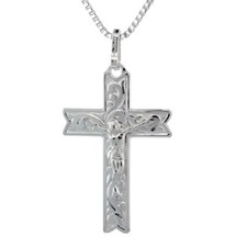 Sterling Silver Floral Vine Design Crucifix Cross Pendant, Italian Box Chain