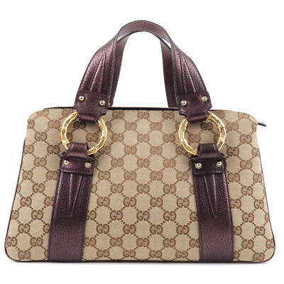 GUCCI Hand Bag Purple Beige Brown GG Canvas Leather 131324 Auth Used