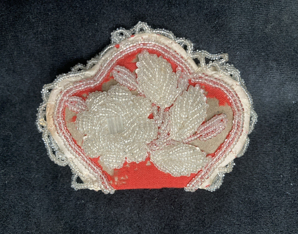 Antique heavily clear beaded clam shell scallop pin cushion, needle ...