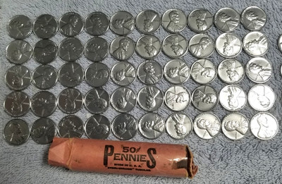 1943-P Lincoln STEEL CENT WHEAT Penny  roll Lightly Circulated Steel No Rust..