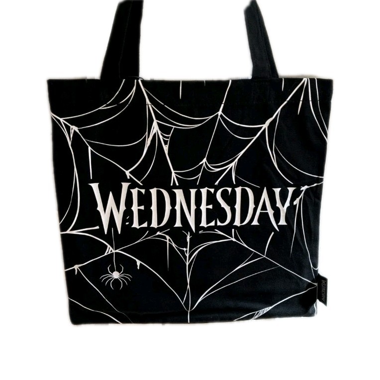 Bolso de Mano Wednesday Addams Family de Lona con Logotipo de Telaraña Blanco y Negro Nuevo con Etiquetas