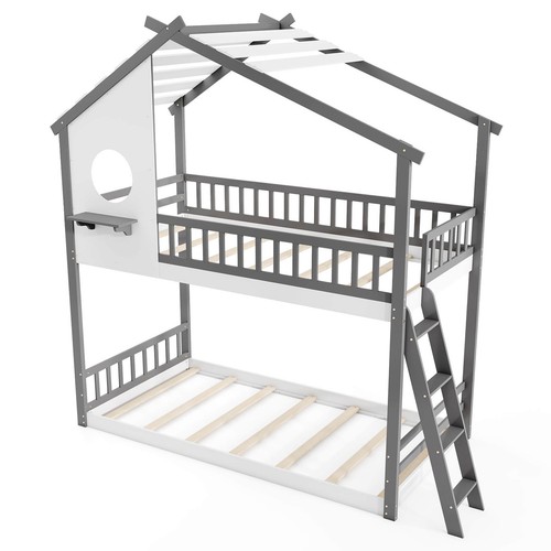 Twin over Twin House Bunk Bed with Roof Ladder & Full-length Guardrails for Kids