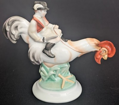 HEREND Porcelain Hand-Painted Porcelain Boy Riding A Rooster #5458 Hungury NICE