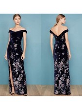 Marchesa Notte Velvet Embroidered Gown Off Shoulder Floral Navy 14 EUC‎