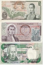 Colombia Lot 3 5 10 200 Pesos Banknotes 1965-1991 Unc-Extra Fine Conditions
